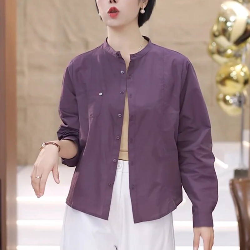 紫色长袖防晒衬衫女2025秋季洋气减龄宽松显瘦设计感开衫立领上衣