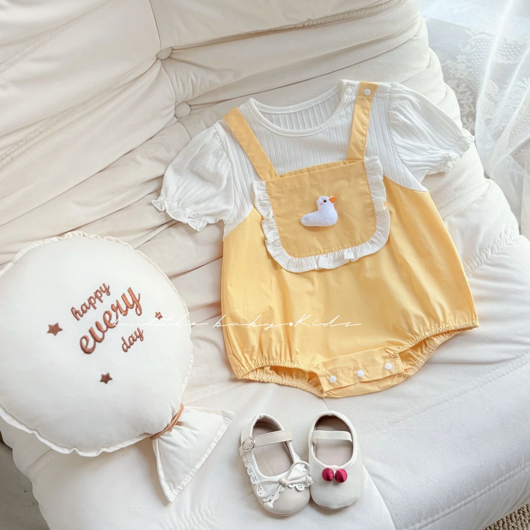婴儿夏季衣服2025新款女宝宝夏装薄款可爱卡通背带假两件连体哈衣
