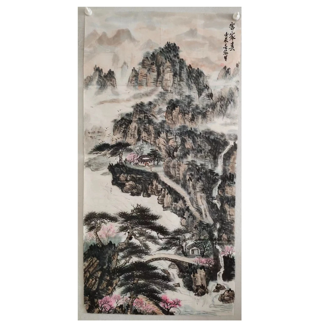1954  纯手绘花老字画《客家春》中堂  尺寸 137×68