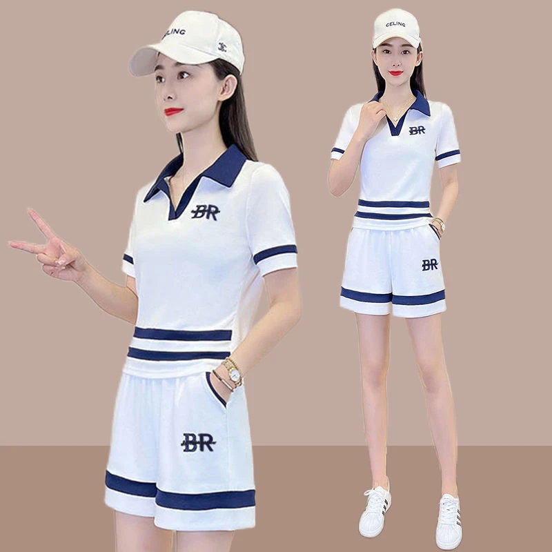时尚休闲运动套装小众洋气女夏季爆款POLO领上衣短袖短裤两件套潮