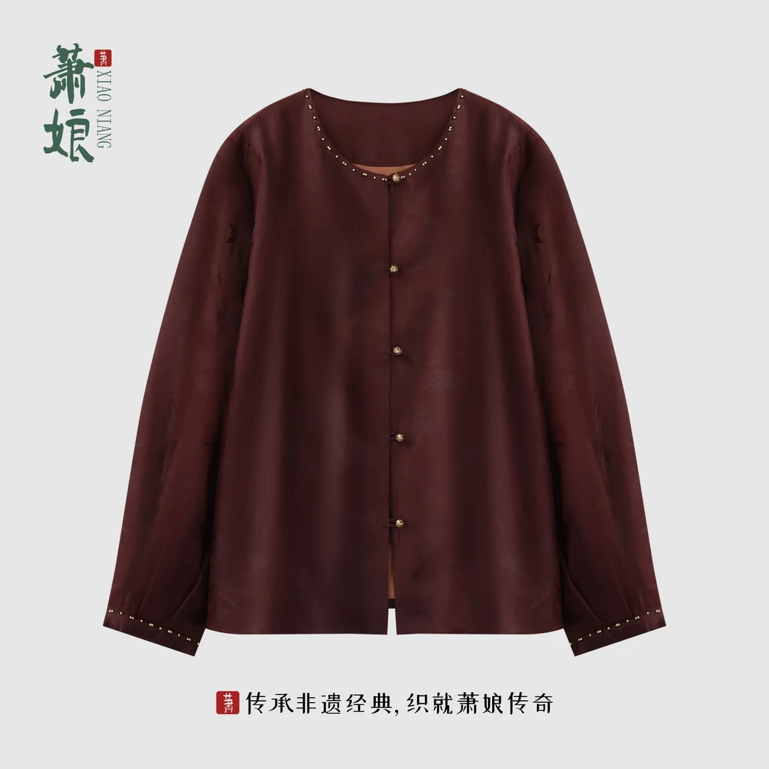 萧娘【落灯花】红云纱时尚外套圆领长袖百搭桑蚕丝短款外套XN5783