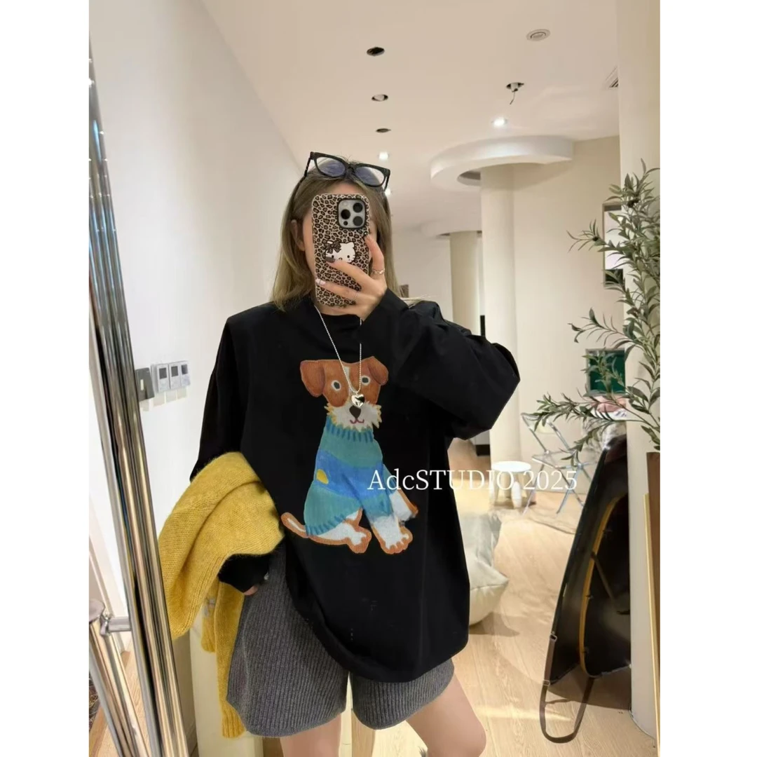【原版现货-狗狗长袖】東room2025秋季新款韩版狗狗长袖垫肩T恤女