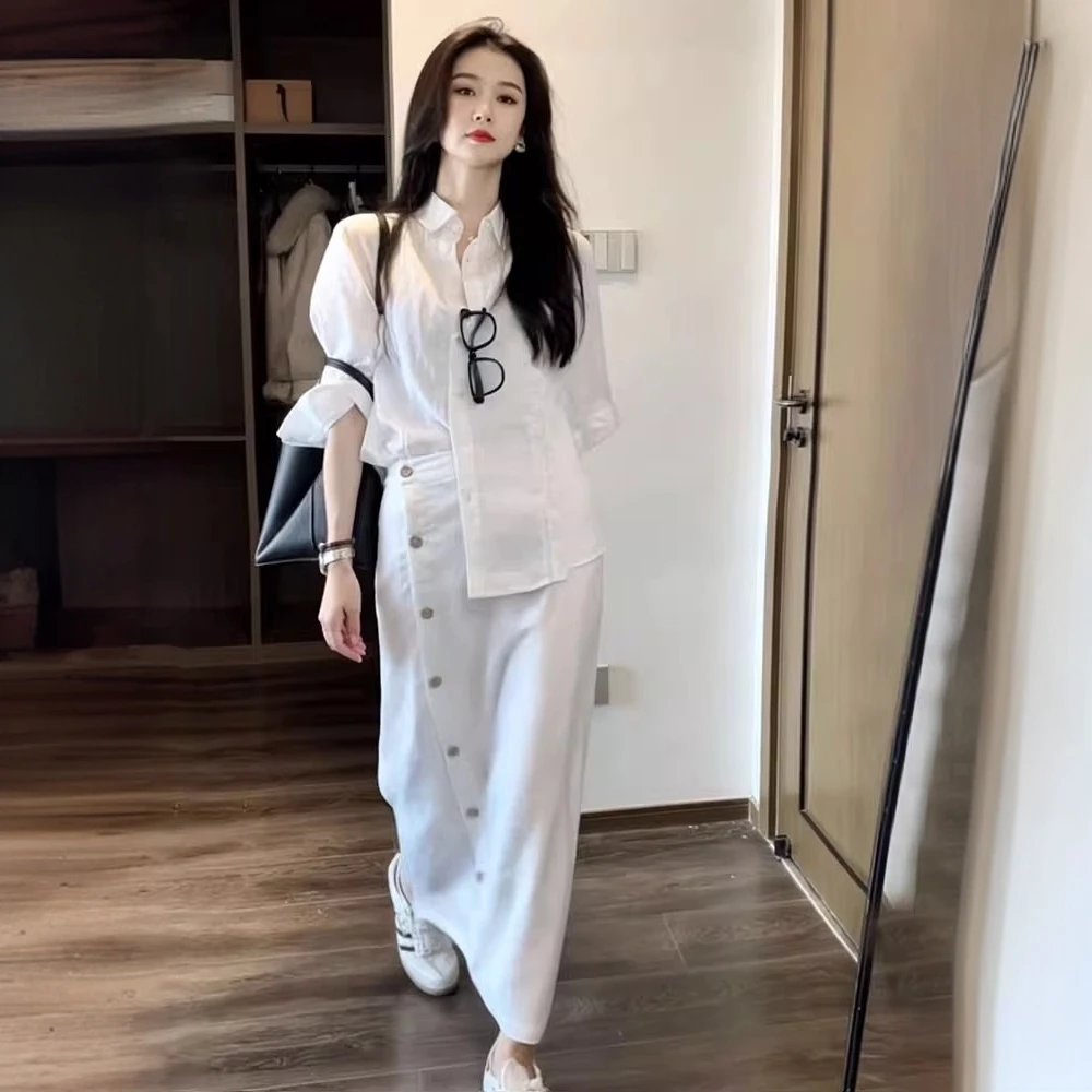 韩系白色亚麻套装女夏季慵懒休闲松弛老钱风棉麻衬衫半身裙两件套