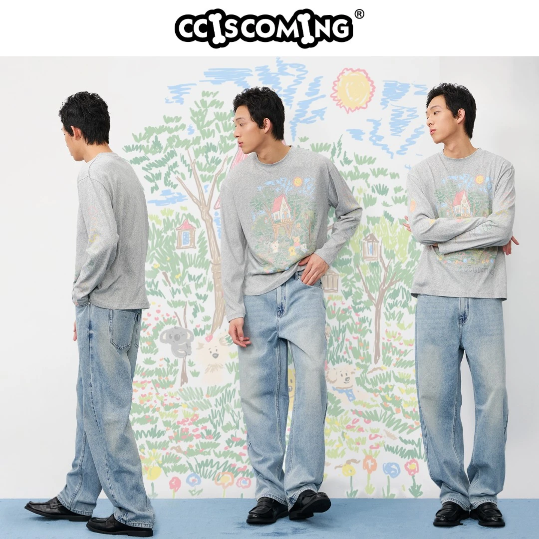 潮牌CC系列手绘涂鸦竹节棉长袖T恤男童趣宽松 舒适CC58TL01