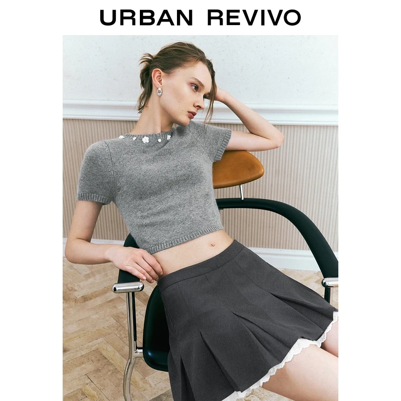 【HOT】UR2025秋季新款女格雷系花朵珠片修身针织衫UYU950117