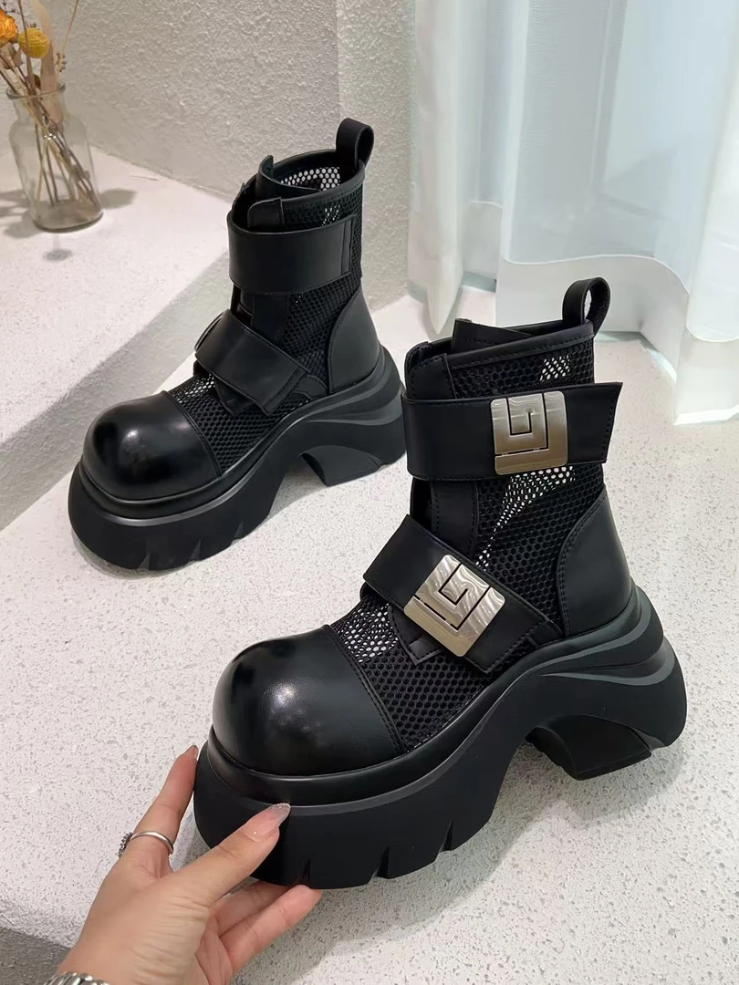 〖黑金〗夏季新款魔术贴机车网面短靴厚底马丁515