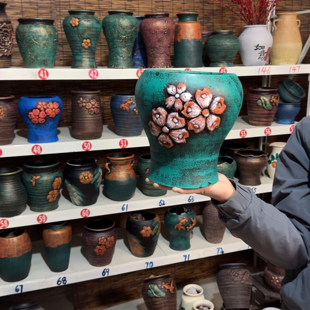 红陶红陶浮雕花盆炸炸炸