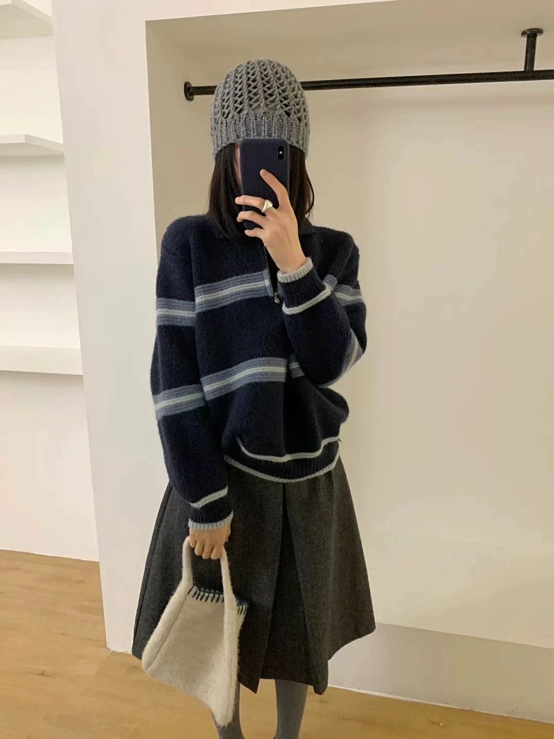 秋冬翻领半拉链条纹撞色开衫韩系复古风上衣179#0.12