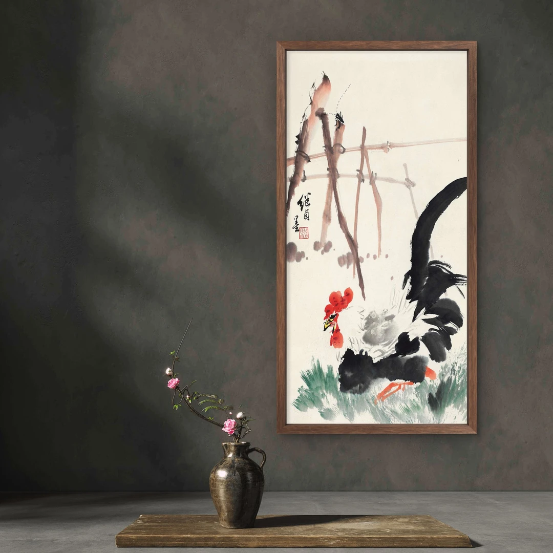 8856-35*68公鸡中式装饰画木框玄关书房茶室客厅挂画