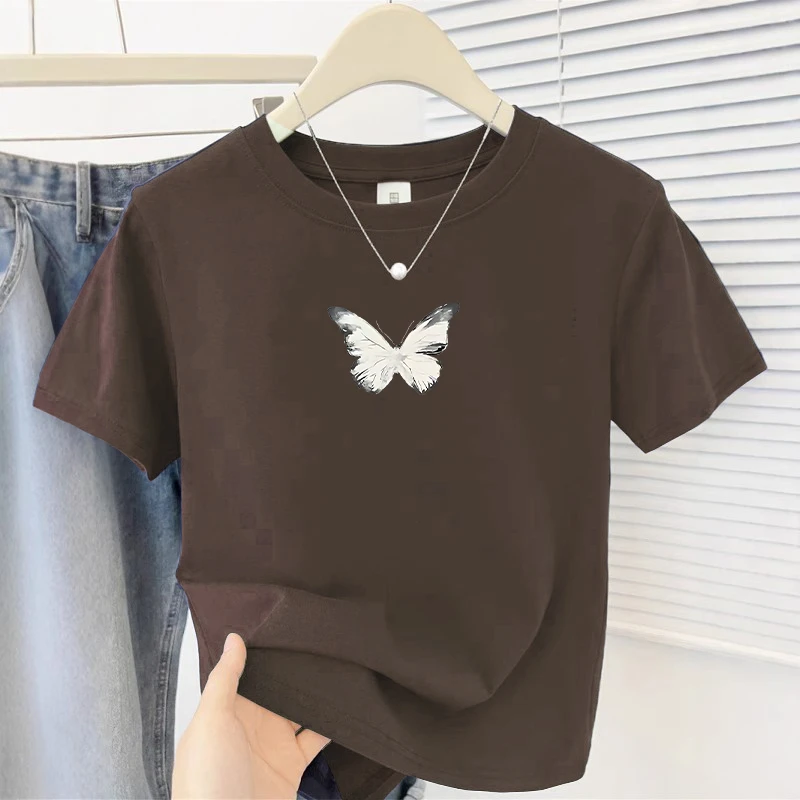 正肩小衫圆领短袖T恤女士夏装2025新款爆款小个子精致显瘦上衣服