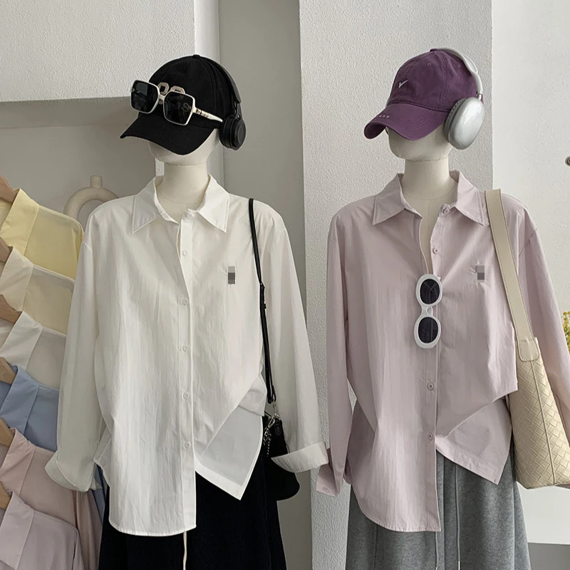 欧玛莱棉质刺绣长袖衬衫女春季设计感百搭宽松叠穿翻领上衣5992