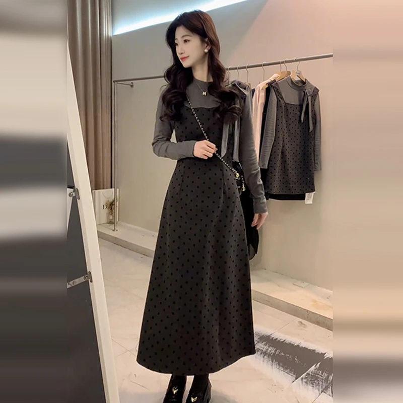 早秋假两件连衣裙女2025新款小个子高级感秋冬韩系穿搭一整套长裙