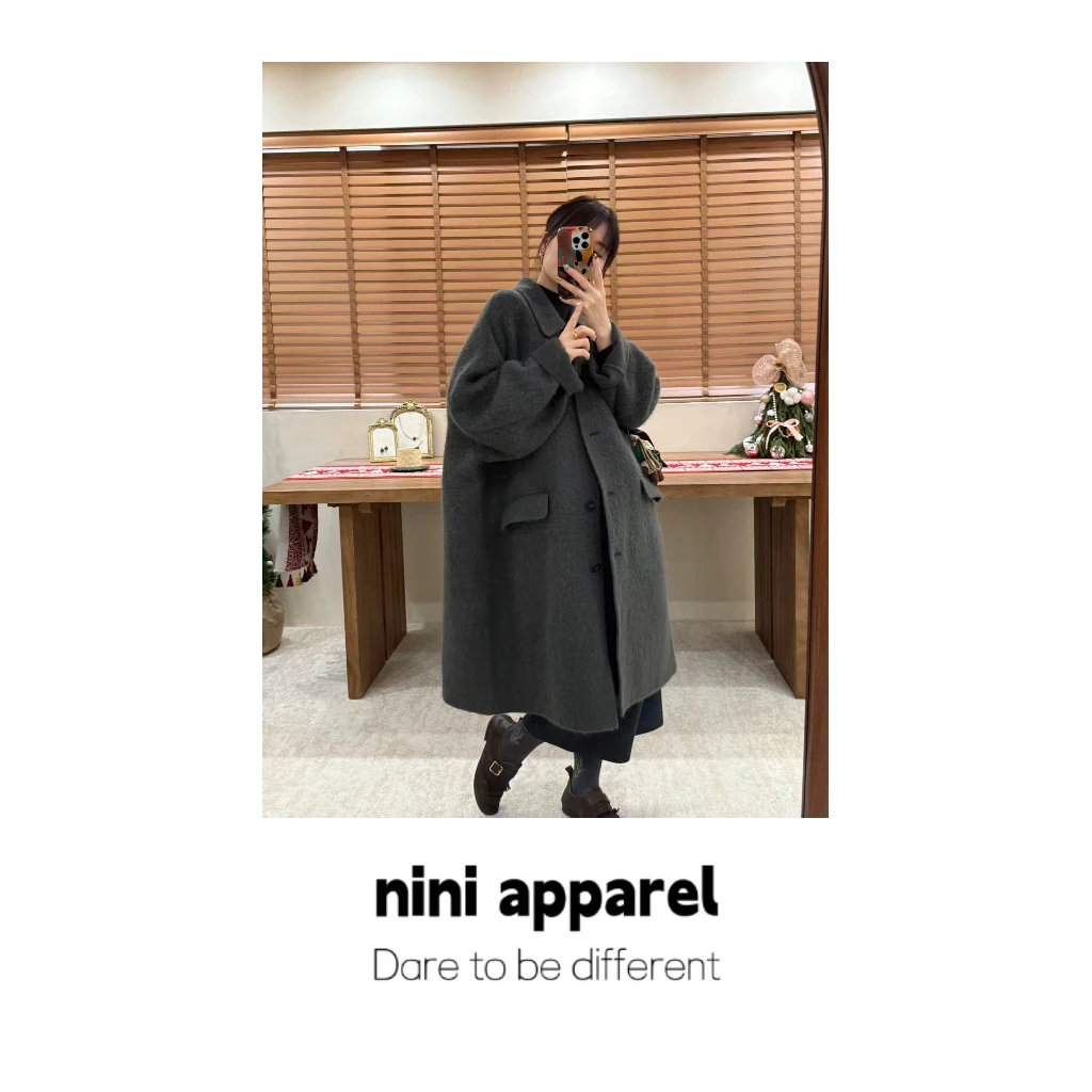 NiNi:原单韩货灰绿苏力羊驼毛大衣～