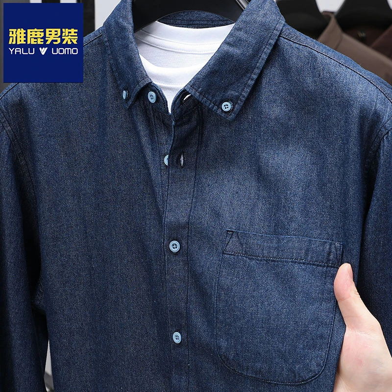 雅鹿男装长袖衬衫秋季新款韩版潮流含亚麻上衣休闲牛仔衬衣外套潮