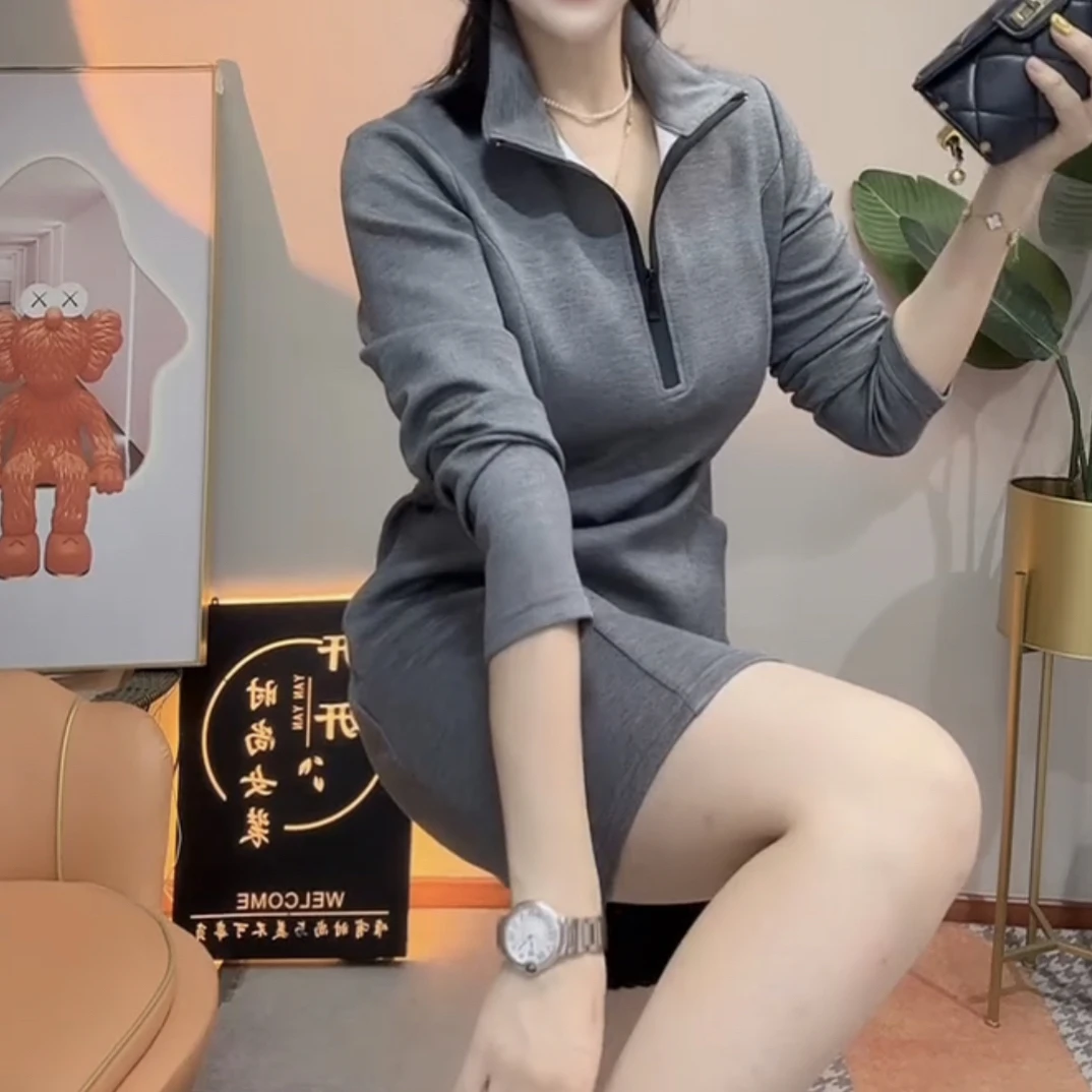 秋季新款百搭显瘦拉链领连衣裙内搭外穿皆可