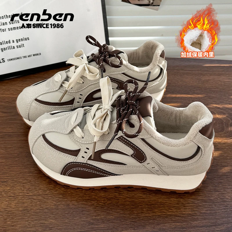 人本2025秋季新款加绒加厚系带运动时尚休闲鞋跑步复古学生鞋子女