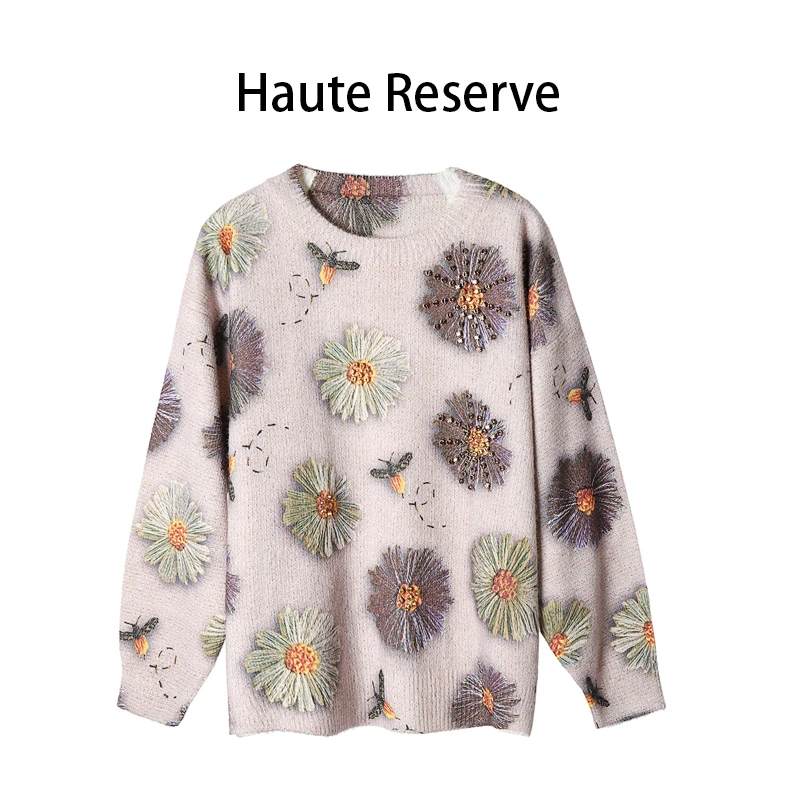 【巴黎时装款】高端5D太阳花立体印花重工烫钻水貂绒轻奢毛衣