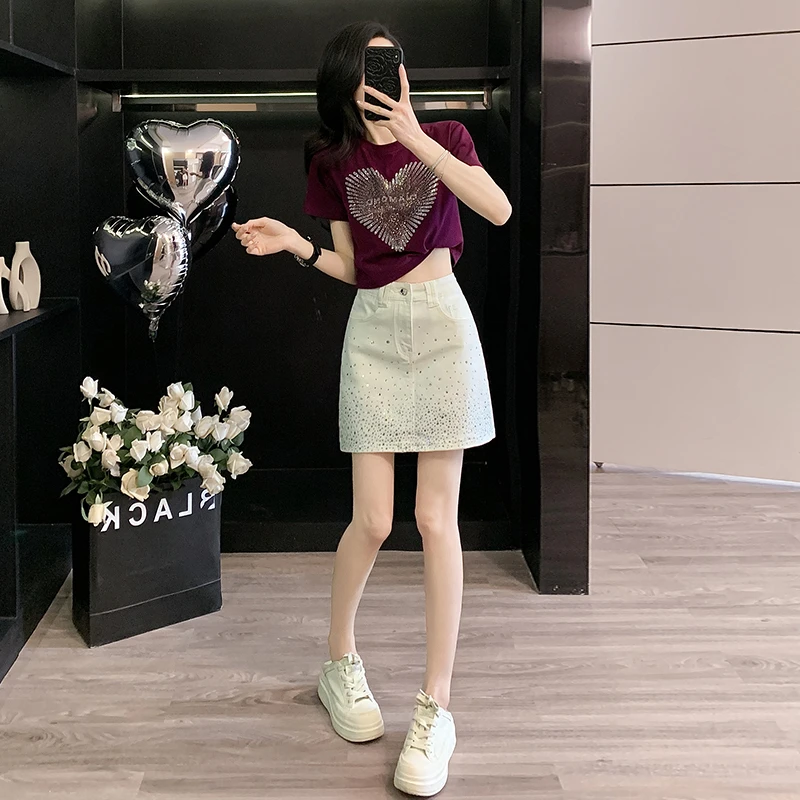 女士短袖t恤烫钻打底衫夏季遮肚显瘦上衣牛仔半身裙包臀裙A字短裙