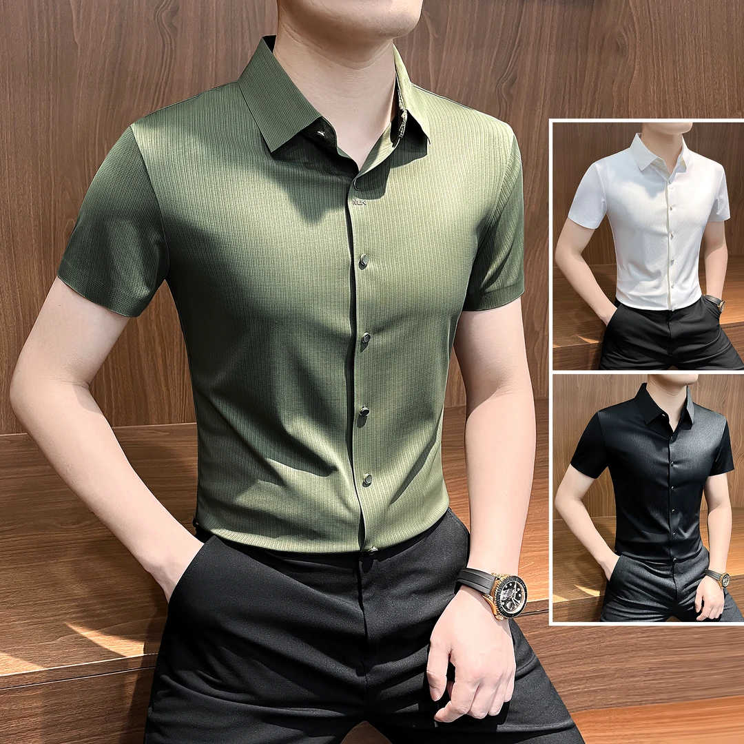 弹力针织无痕衬衫男短袖夏季凉感条纹高级感商务休闲薄款冰丝衬衣