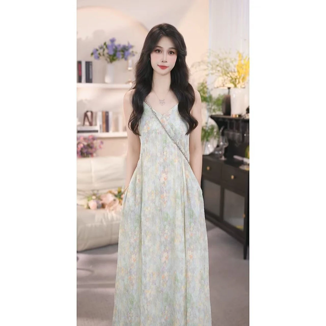 【有口袋】多巴胺法式彩色油画碎花夏季收腰显瘦时尚吊带连衣裙1520