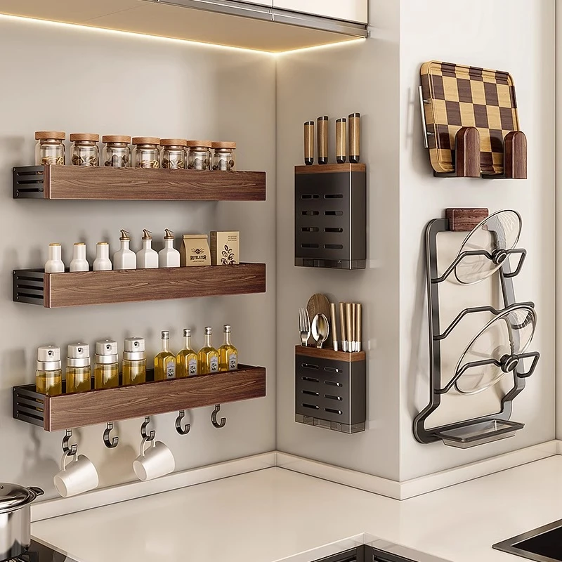 胡桃木厨房置物架壁挂刀架调味料用品免打孔锅盖架多功能收纳架子