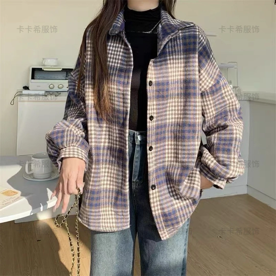 （运补6-10）复古加厚磨毛格子衬衫女春秋冬新款百搭设计感宽松外套