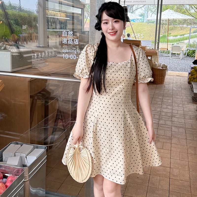 56373法式波点裙短袖2025夏季新款方领修身显瘦短款a字大码连衣裙