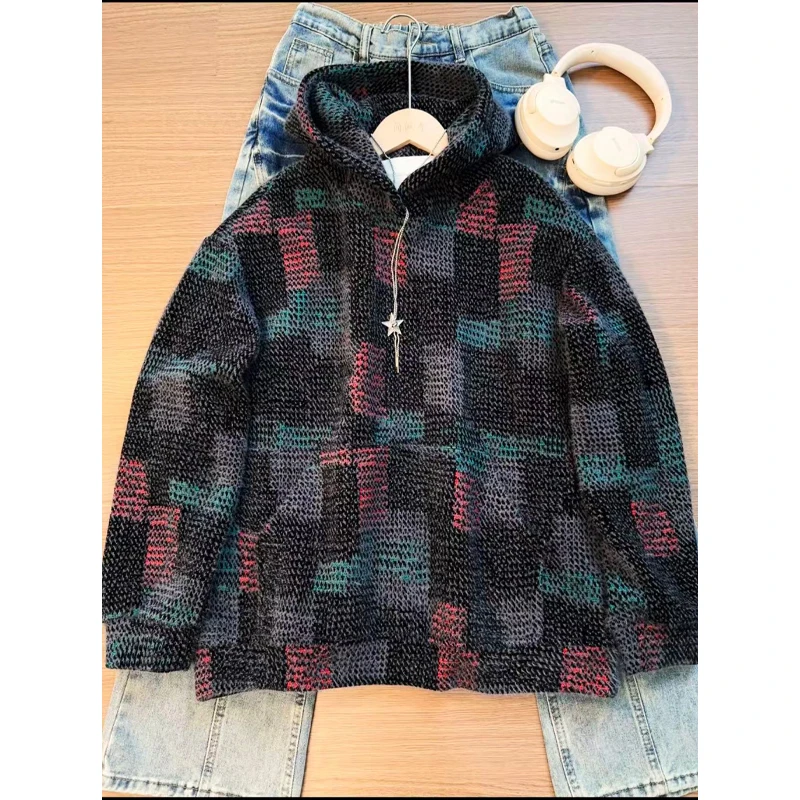 美式复古彩色格子针织连帽卫衣男秋冬季潮牌重磅cleanfit情侣外套