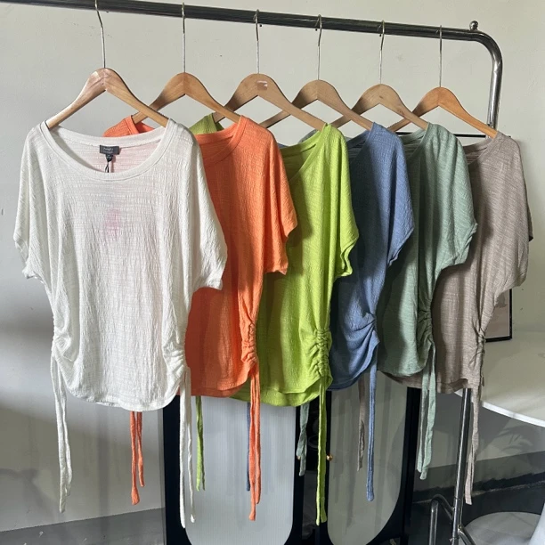 6212夏季纯色抽绳V领短袖T恤显瘦