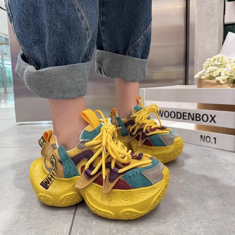 欧洲站2025春季老爹鞋女拼色系带厚底松糕小个子增高运动鞋轮胎底