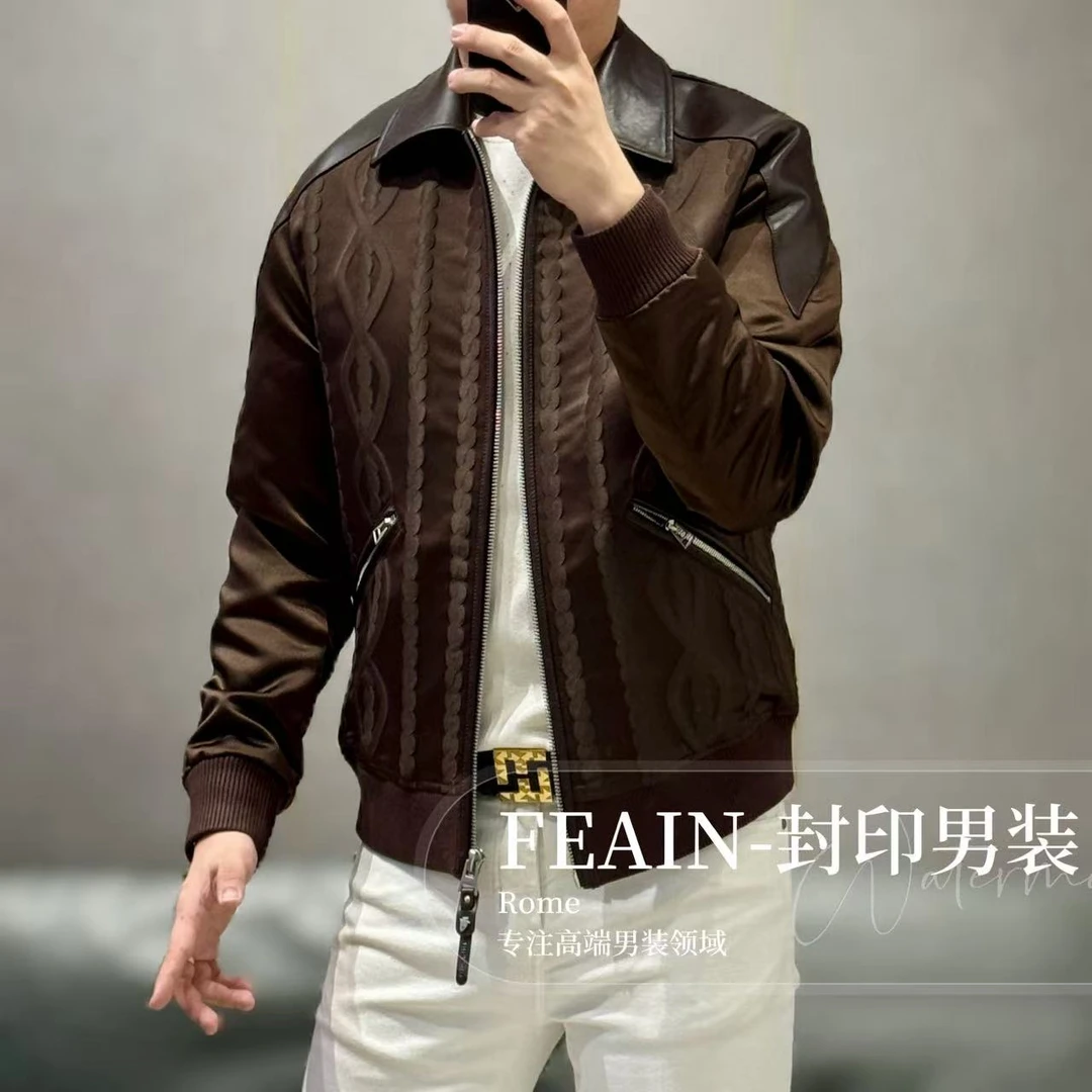 【真皮醋酸】高端男士流体雕塑醋酸纤维真皮拼接夹克8092