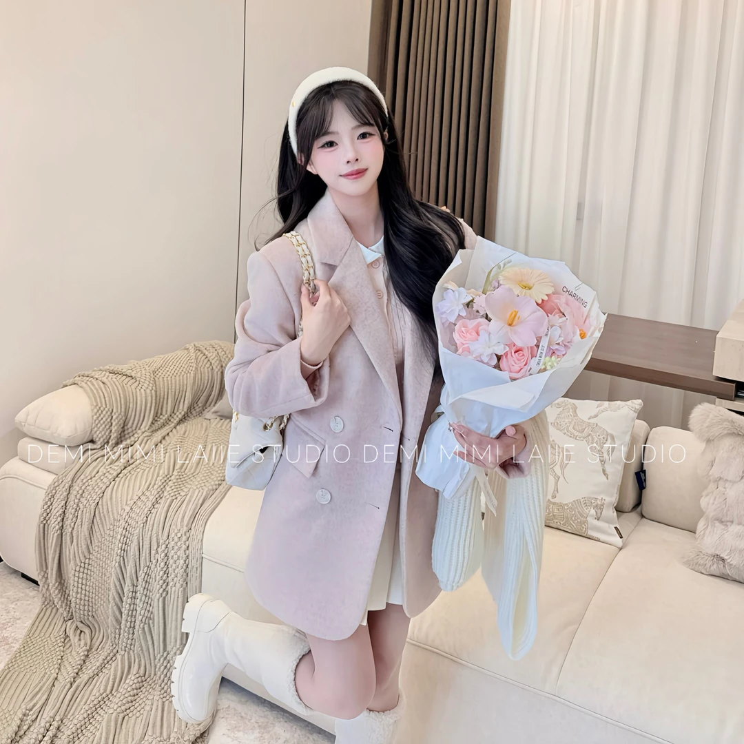 三文鱼粉西装毛呢外套女2025秋冬新韩系高级感小个子加厚呢子大衣