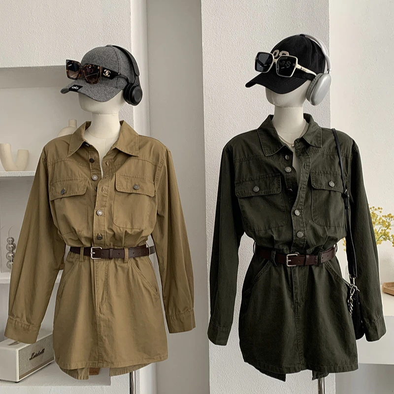 欧玛莱翻领长袖拼接腰带设计感多口袋工装风连衣裙2026春季6106