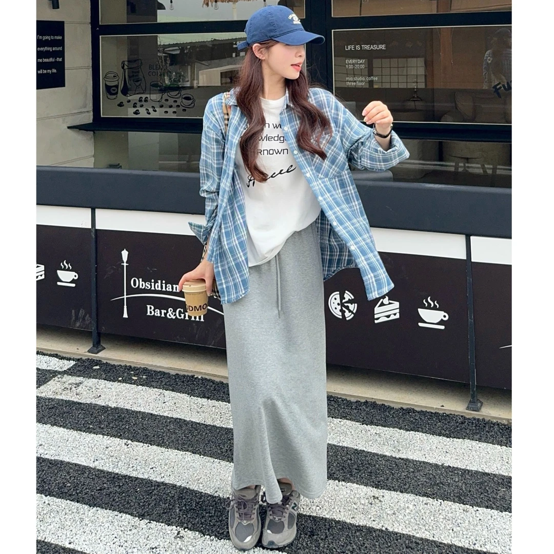 【交个朋友专属】春夏格子衬衫T恤休闲宽松韩版半身裙三件套装A1902