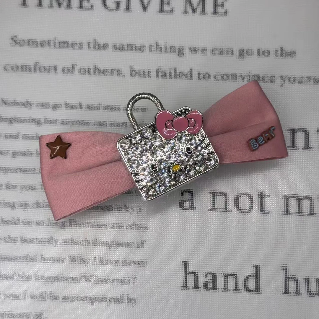 韩国ins韩版重工粉色蝴蝶结闪闪kittly11cm弹簧夹153