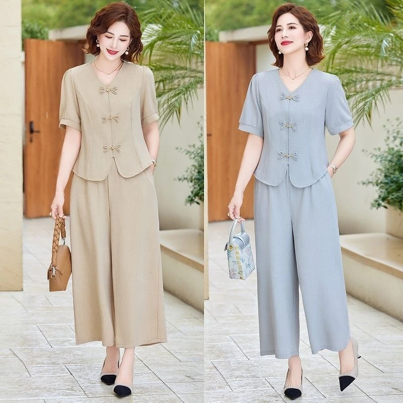 新中式套装夏季新款上衣气质洋气时尚短袖开衫妈妈装阔腿裤两件套