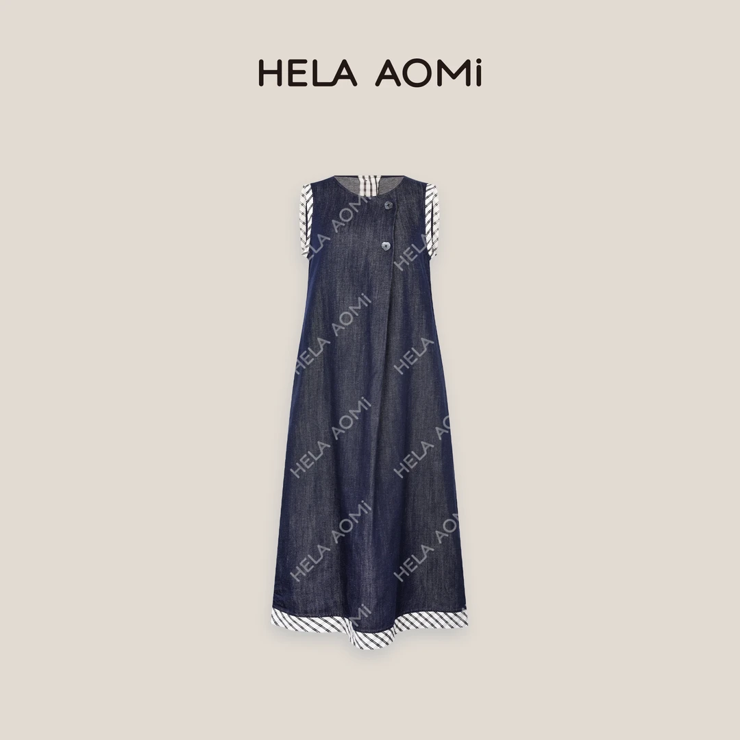 HELA AOMI “丹宁女孩”莱赛尔亚麻无袖宽松遮肉连衣裙CY5BM72549