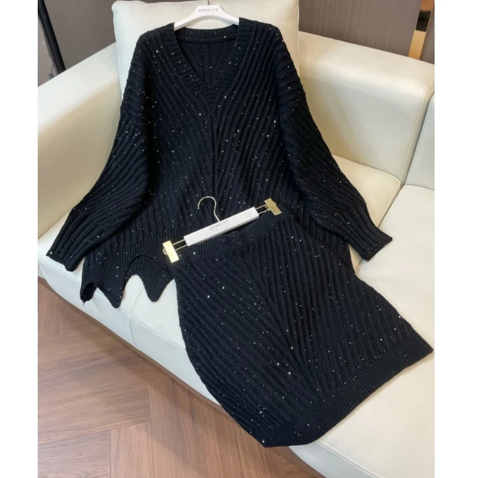 【鑫蕾】秋冬时尚慵懒风针织套装女长袖毛衣半身裙两件套28552