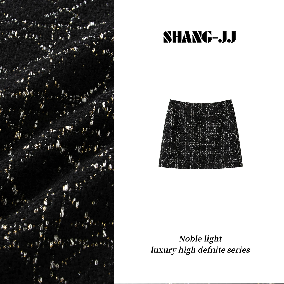 SHANG-JJ【黑金小奥】24秋冬新品羊毛菱格金丝百搭半身裙q133335p