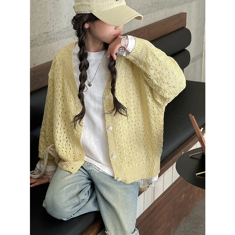 K28008镂空女童毛衣针织衫2025春装新款儿童外套开衫春秋上衣薄款