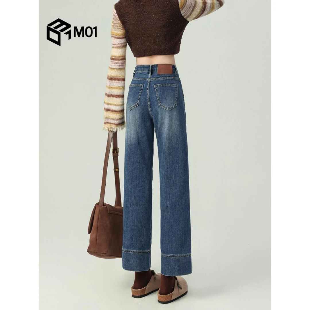 M01复古蓝直筒牛仔裤2025春季新款高腰显瘦阔腿九分法棍烟管裤子