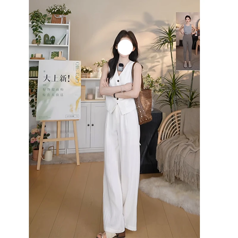 切糕自制【简约老钱】小个子夏季气质老钱风无袖马甲休闲裤亚麻套装