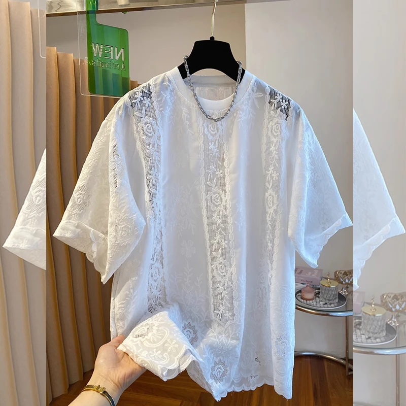 高级感法式气质镂空蕾丝大码短袖宽松T恤女夏季显瘦百搭新品上衣