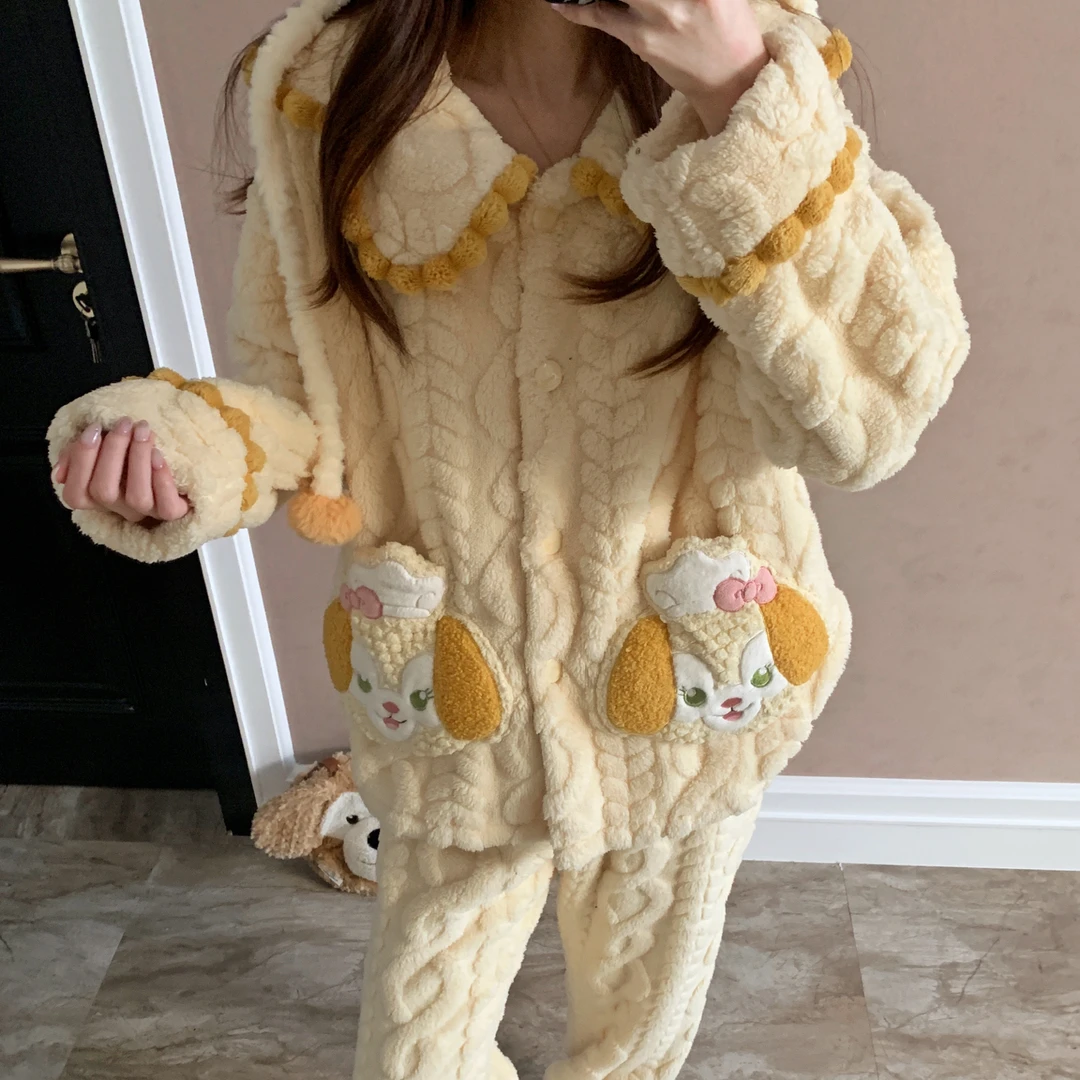 2025年冬季新款加绒加厚睡衣女保暖提花珊瑚绒可爱甜美家居服套装