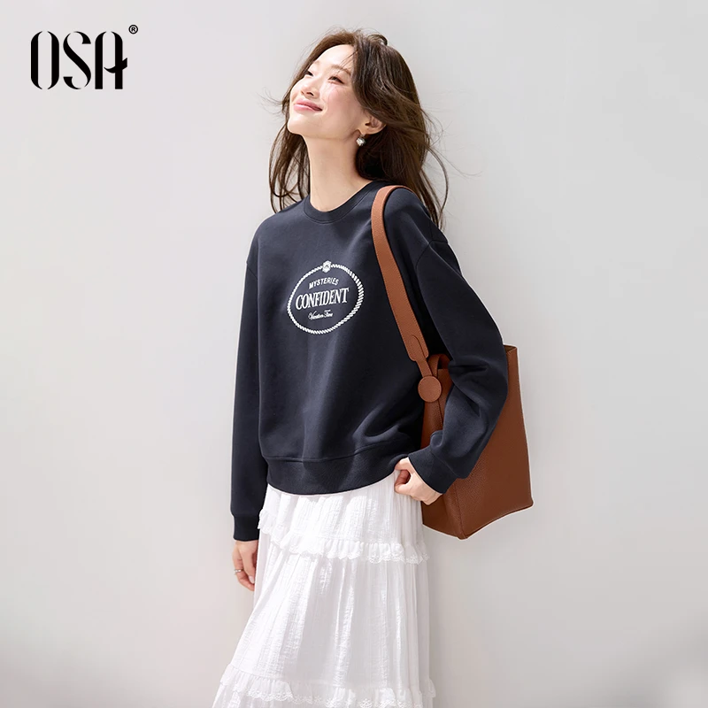 OSA/欧莎 复古圆领印花卫衣女新款慵懒休闲宽松上衣S125C32005