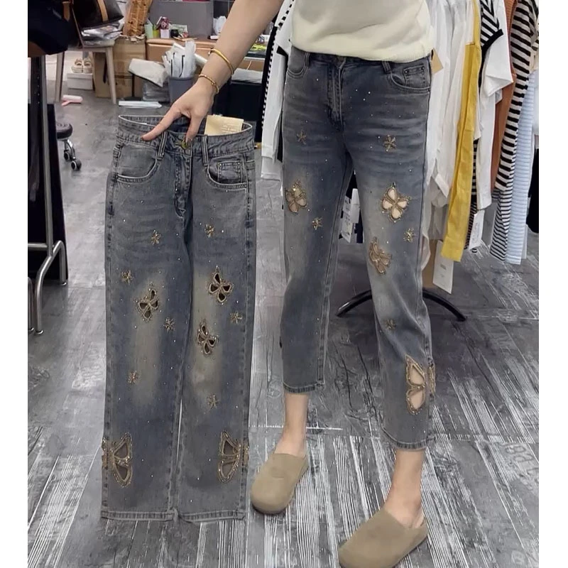 蓝色烫钻镂空刺绣烟管牛仔裤女夏季薄款大码显瘦显瘦直筒九分裤子