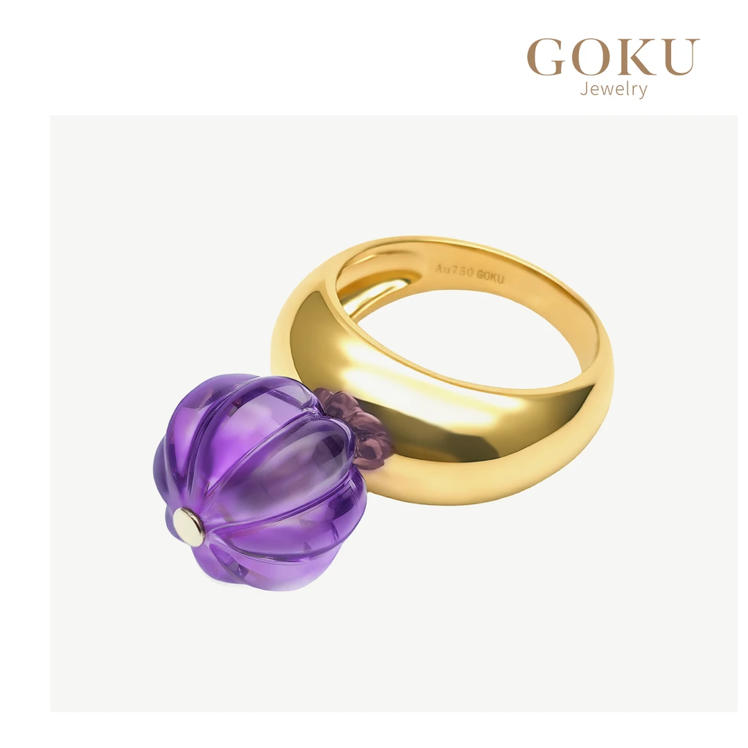 GOKU18K金戒指女南瓜珠紫水晶女戒复古时尚小众设计师款K金手饰