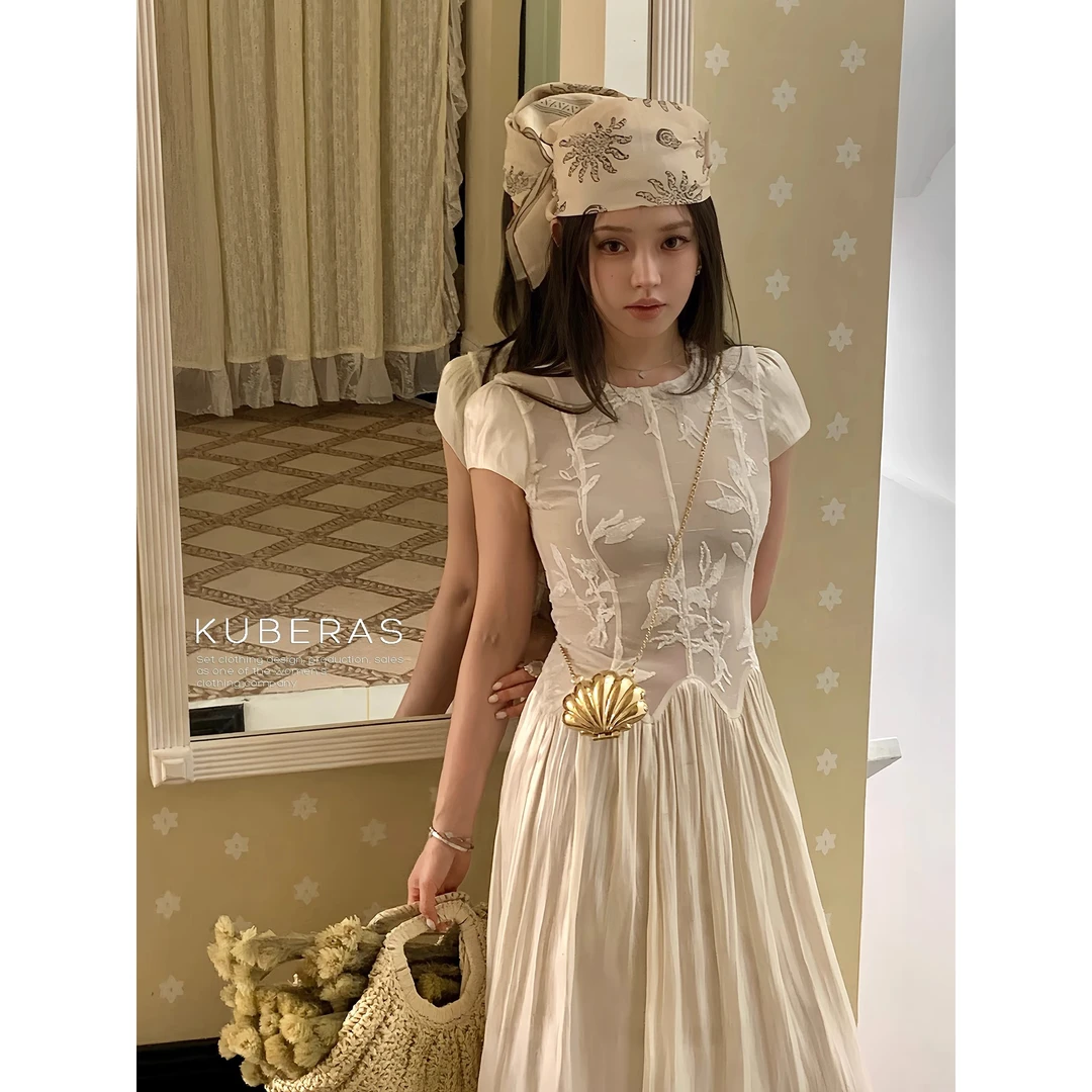 KUBERAS 高级感植绒网纱拼接长款收腰短袖连衣裙法式气质A字长裙