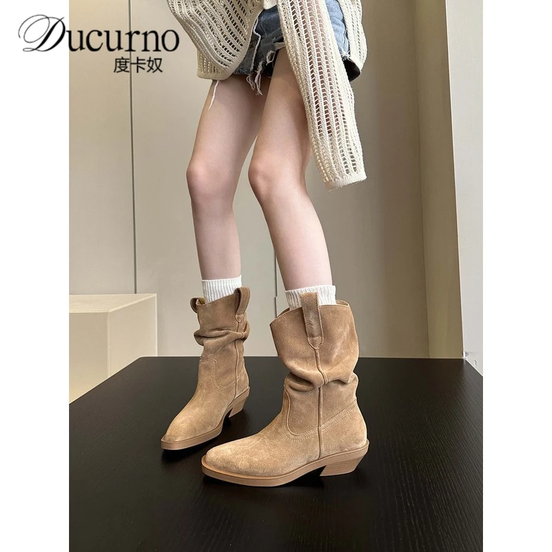 秋冬闭眼冲~品质牛皮高端粗跟褶皱堆堆靴女短靴子尖头西部牛仔靴