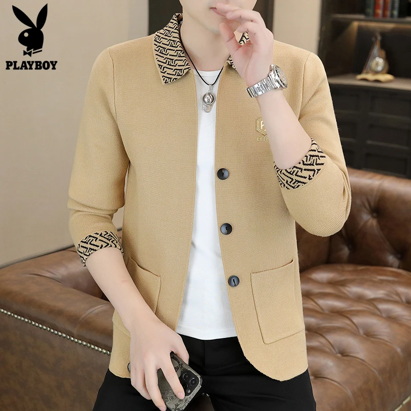 男士秋冬季时尚针织开衫保暖时尚休闲纯色翻领中老年夹克外套